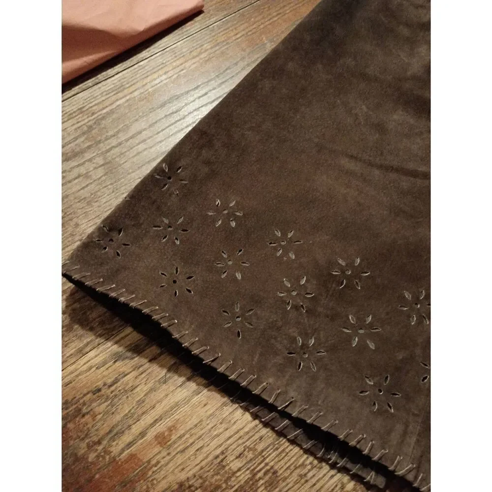 Vintage Sz 6 Margaret Godfrey Brown Suede Leather Maxi Skirt Flower Cut Out Hem - Picture 2 of 8